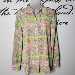 CHAPS Green Paisley Print Long Sleeve Blouse, Lg